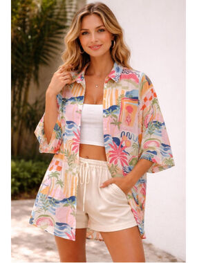 Women's LABEL OF LOVE Multi-color Tropical Button Down cover-up S
